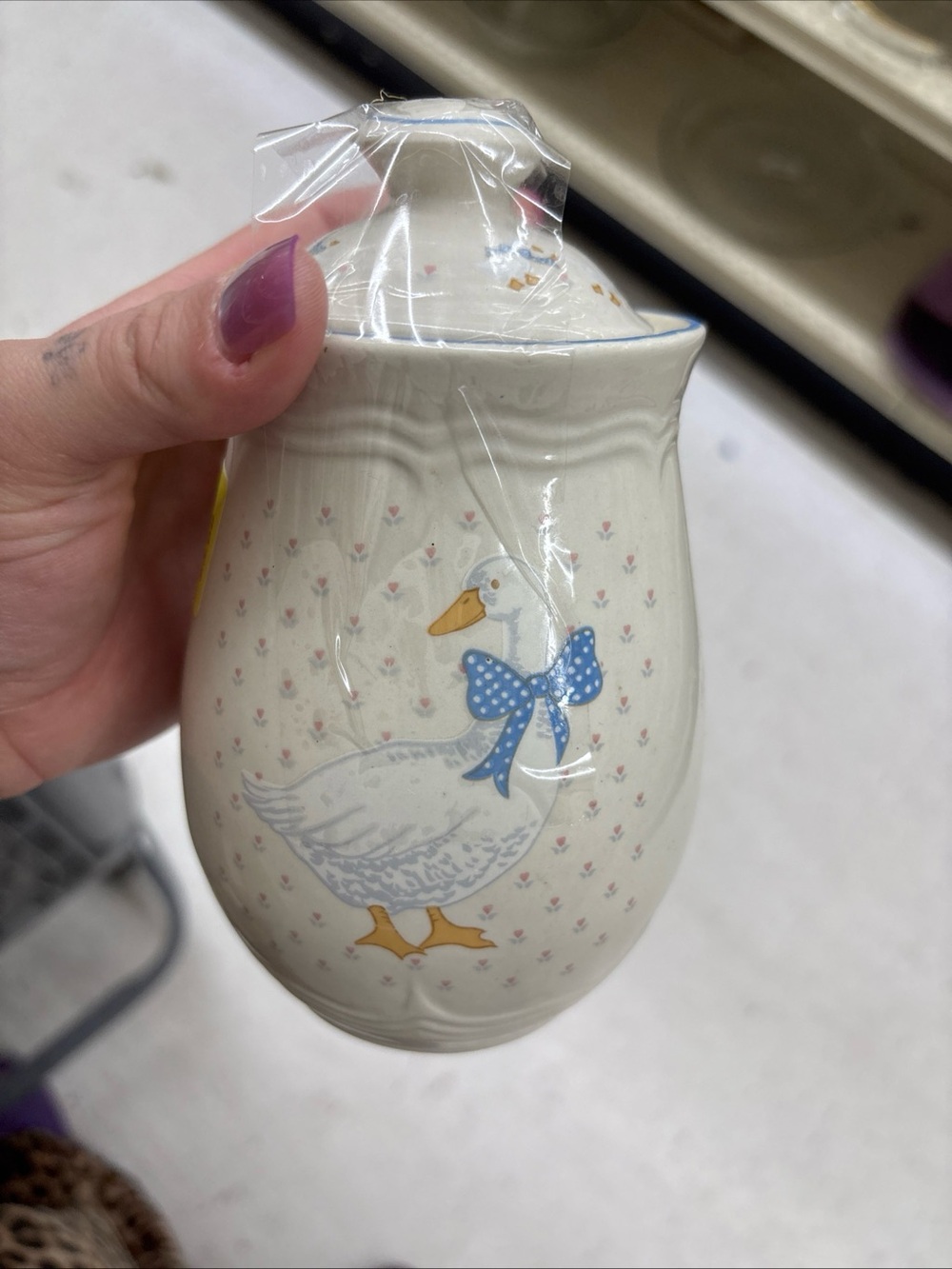 Vintage Tienshan Aunt Rhody Country Goose Blue Bow Canister Cottagecore 6.5"